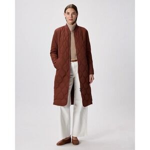 Quince Long Quilted Puffer Coat in Rust Brown